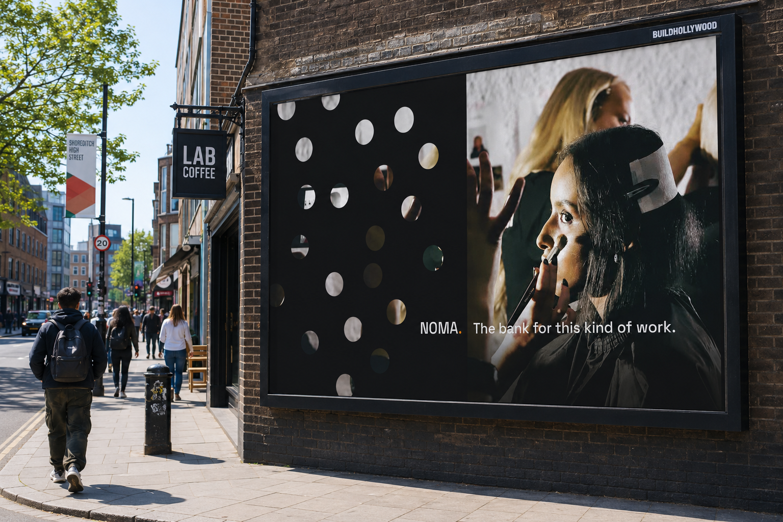 NOMA billboard on a Shoreditch high street wall, the bank for this kind of work